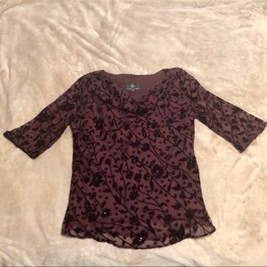 Sandra Darren Floral Velvet Cowl Neck Burgundy Top